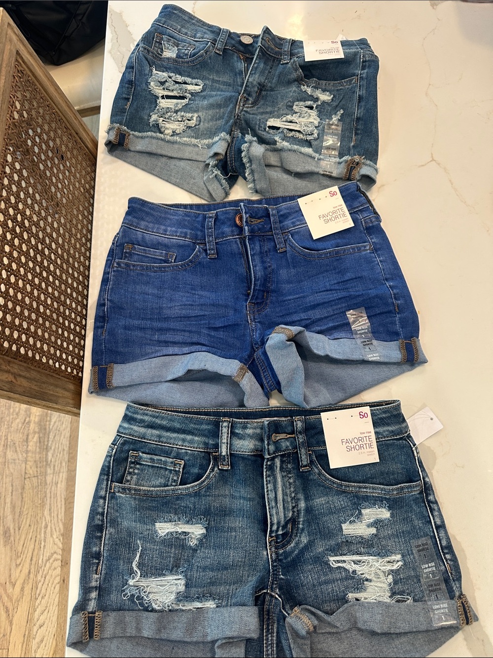 3 pairs -SO Women's Distressed Rolled-Hem Jean Shorts - Dark and Medium Blue